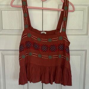 American Age Terracotta Aztec smocked Embroidered Tank Top